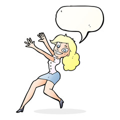 cartoon happy woman jumping with speech bubble
