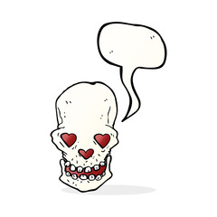 cartoon skull with love heart eyes with speech bubble