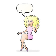 cartoon sitting woman waving with speech bubble