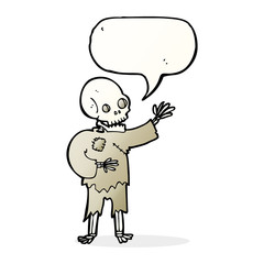 cartoon skeleton waving with speech bubble