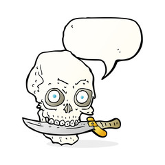 Obraz na płótnie Canvas cartoon pirate skull with knife in teeth with speech bubble
