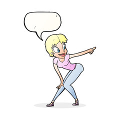 cartoon pretty woman pointing with speech bubble
