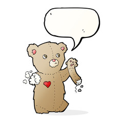 cartoon teddy bear with torn arm with speech bubble
