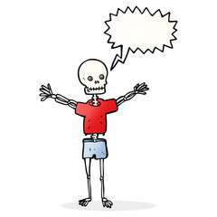 cartoon skeleton in clothes with speech bubble