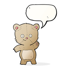 cartoon waving teddy bear with speech bubble