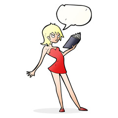 cartoon woman reading book with speech bubble