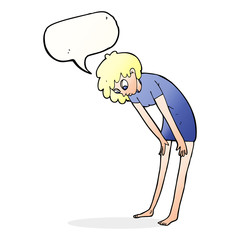 cartoon woman looking at her feet with speech bubble