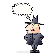 cartoon man in coat and hat with speech bubble