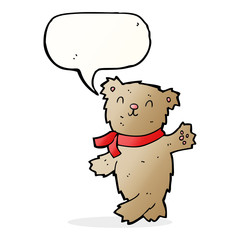 cartoon waving teddy bear with speech bubble