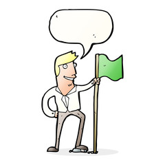 cartoon man planting flag with speech bubble