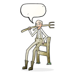 cartoon old farmer leaning on fence with speech bubble