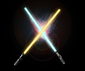 two light sabers crossing together isolated on black