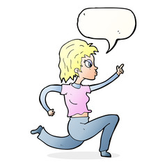 cartoon woman running and pointing with speech bubble