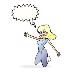 cartoon jumping woman with speech bubble