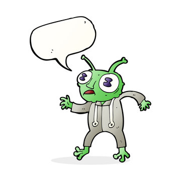 cartoon alien spaceman with speech bubble