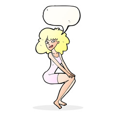 cartoon sitting woman in dress with speech bubble