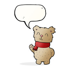 cartoon waving teddy bear with speech bubble