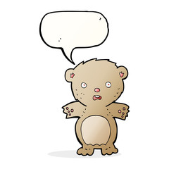 frightened teddy bear cartoon with speech bubble