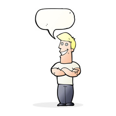 cartoon grinning man with speech bubble