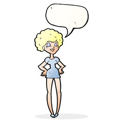 cartoon happy woman with hands on hips with speech bubble