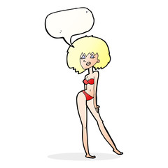 cartoon woman in bikini with speech bubble