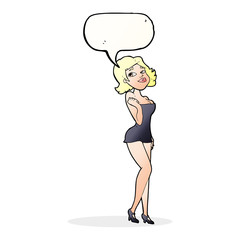cartoon attractive woman in short dress with speech bubble