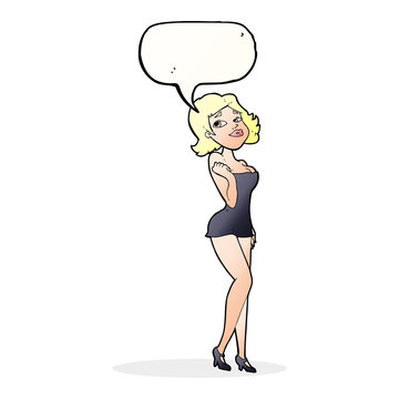 cartoon attractive woman in short dress with speech bubble