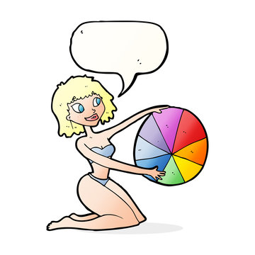 cartoon bikini girl with beach ball with speech bubble