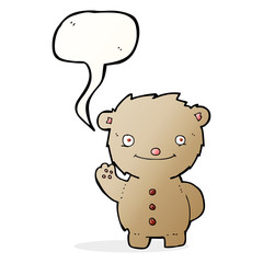 cartoon waving teddy bear with speech bubble
