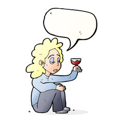 cartoon unhappy woman with glass of wine with speech bubble
