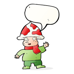 cartoon mushroom man with speech bubble