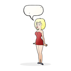 cartoon surprised woman in short dress with speech bubble