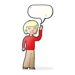 cartoon friendly boy waving with speech bubble