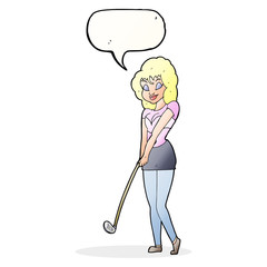 cartoon woman playing golf with speech bubble
