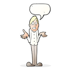 cartoon man shrugging shoulders with speech bubble
