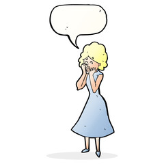 cartoon worried woman with speech bubble