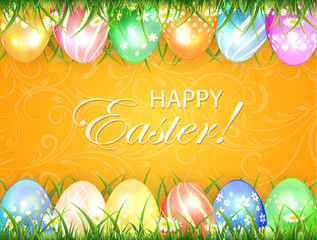Orange Easter background with eggs in grass