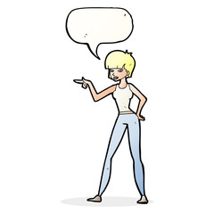 cartoon woman pointing with speech bubble