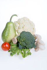 cauliflower,tomatoes,mushroom,broccoli,bottle gourd isolated on white background