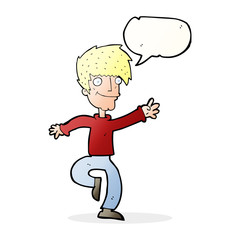 cartoon happy man dancing with speech bubble