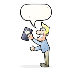 cartoon man with book with speech bubble
