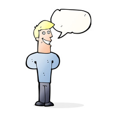 cartoon grinning man with speech bubble