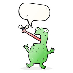 cartoon frog catching fly with speech bubble