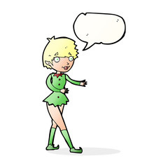 cartoon christmas elf woman with speech bubble