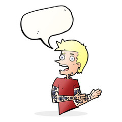 cartoon man with tattoos with speech bubble
