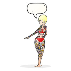 cartoon bikini girl covered in tattoos with speech bubble
