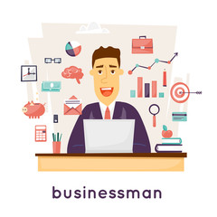 Businessman sitting at the table in the office and set of icons. character design. Vector illustration flat design.