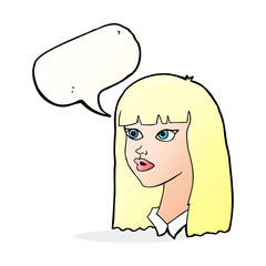 cartoon pretty girl with long hair with speech bubble