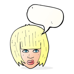 cartoon annoyed girl with big hair with speech bubble