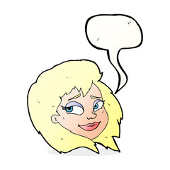 cartoon happy female face with speech bubble